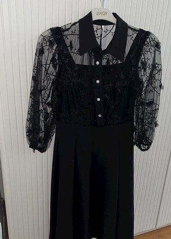 Düğmeli Siyah Uzun Gotik Elbise - Görsel 2