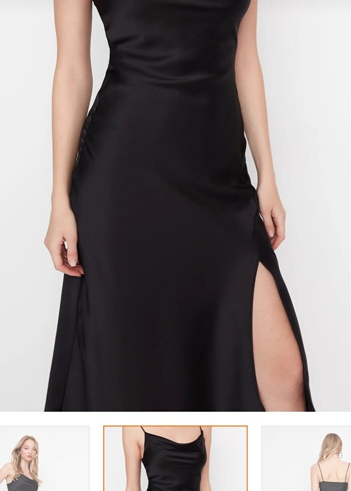 saten önü büzgülü mavi elbise yırtmaçlı - Görsel 4