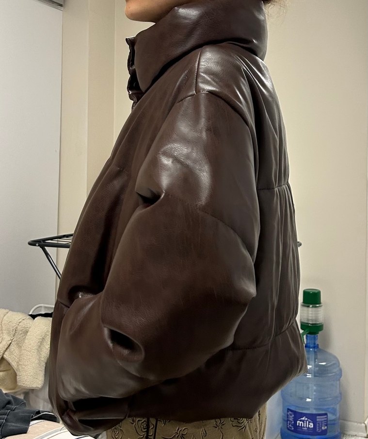 Kahverengi Deri Düğmeli Kadın Kışlık Mont - Görsel 2