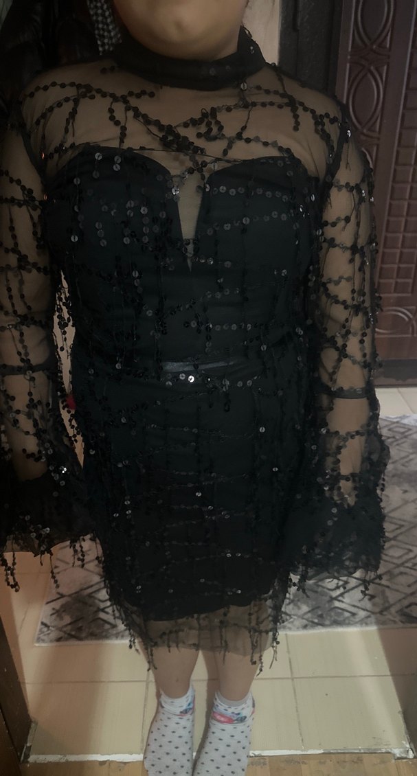 Siyah Payetli Uzun Kollu Gotik Abiye Elbise - Görsel 2