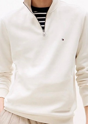 Tommy Hilfiger Ekru Yarim Fermuarli Sweatshirt