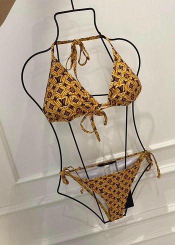 Altın Renkli Desenli İpli Bikini Takımı