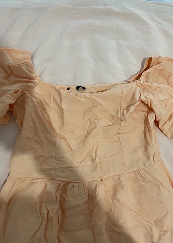 Bej Kısa Kollu Midi Keten Elbise - Görsel 2