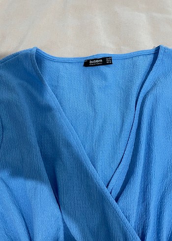 Mavi V Yaka Midi Keten Elbise - Görsel 2