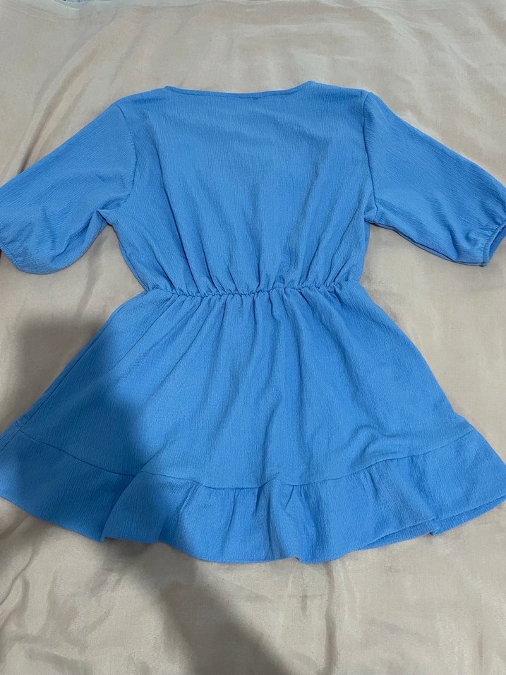 Mavi V Yaka Midi Keten Elbise - Görsel 3