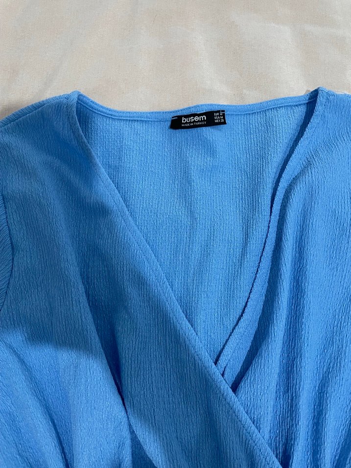 Mavi V Yaka Midi Keten Elbise - Görsel 2