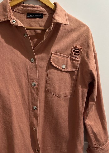 Düğmeli, Kot Uzun Kollu Salaş Kadın Gömlek - Görsel 2