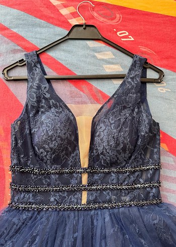 Uzun Lacivert V Yaka Bohem Nişan Elbisesi - Görsel 6