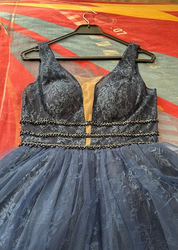 Uzun Lacivert V Yaka Bohem Nişan Elbisesi - Görsel 7