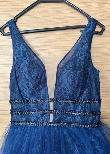 Uzun Lacivert V Yaka Bohem Nişan Elbisesi - Görsel 3