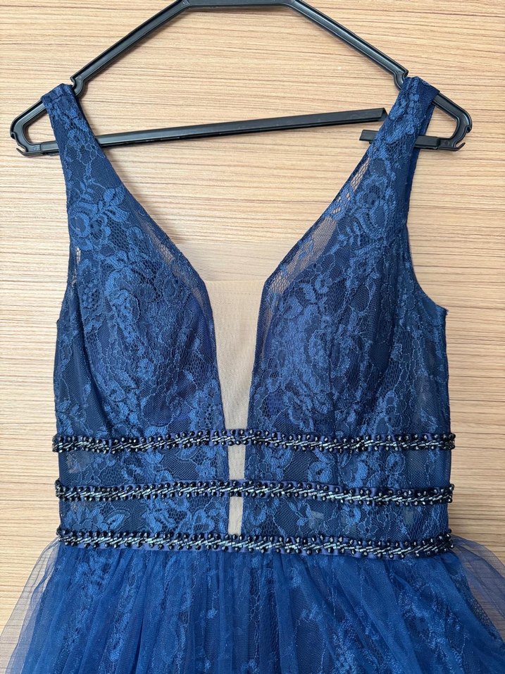 Uzun Lacivert V Yaka Bohem Nişan Elbisesi - Görsel 3