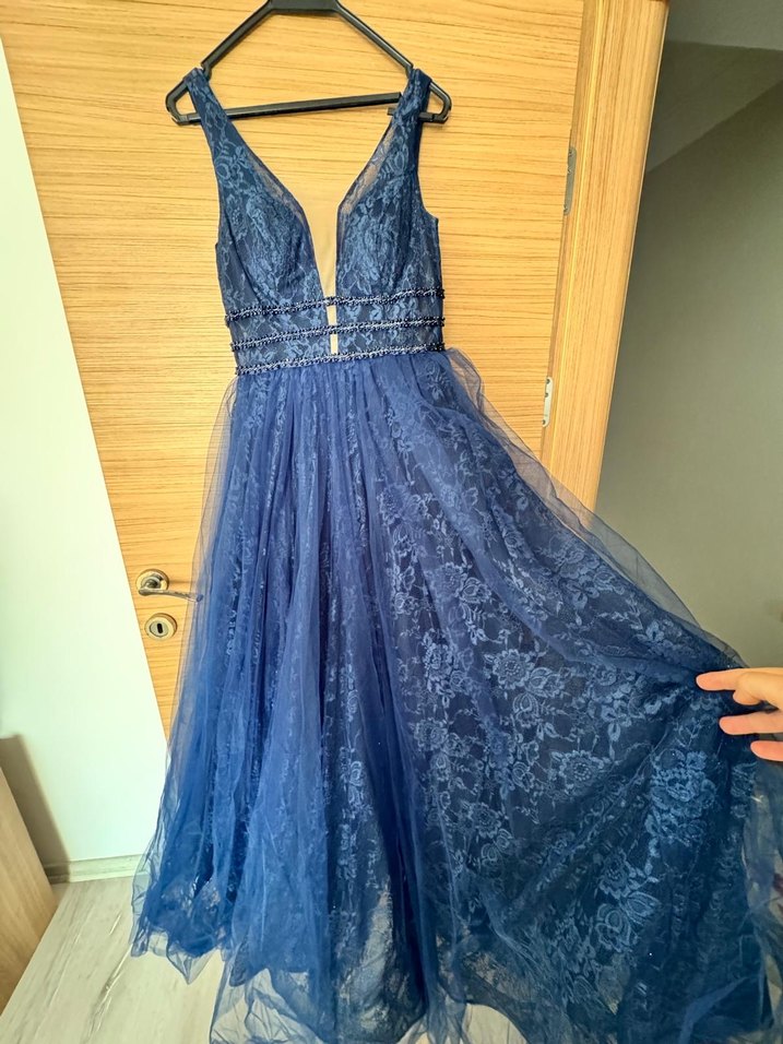 Uzun Lacivert V Yaka Bohem Nişan Elbisesi - Görsel 2