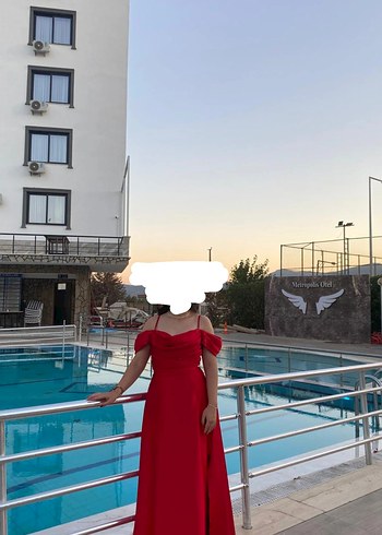 Kırmızı Drapeli Midi Kadın Abiye Elbise - Görsel 4