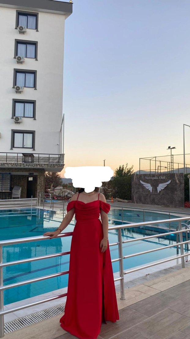 Kırmızı Drapeli Midi Kadın Abiye Elbise - Görsel 4