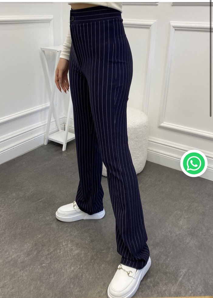 Lacivert Çizgili Kadın Kumaş Pantolon - Görsel 2