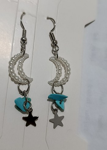 Boncuklu Turkuaz Ay ve Yıldız Küpeler - Görsel 2