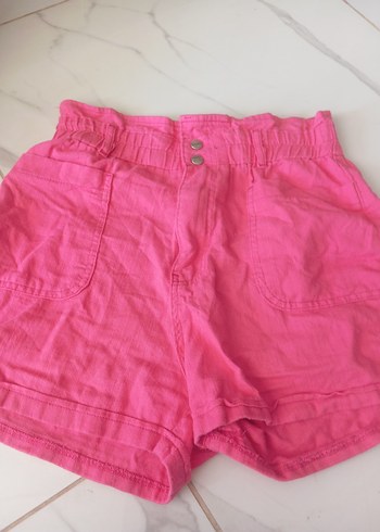 Düğmeli Pembe Keten Mini Şort