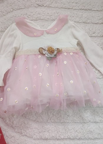 Pembe Nakışlı Uzun Kollu Kız Çocuk Elbise