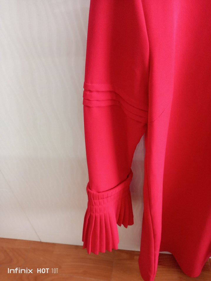 Piliseli Kırmızı Uzun Kollu Kadın Tunik - Görsel 2