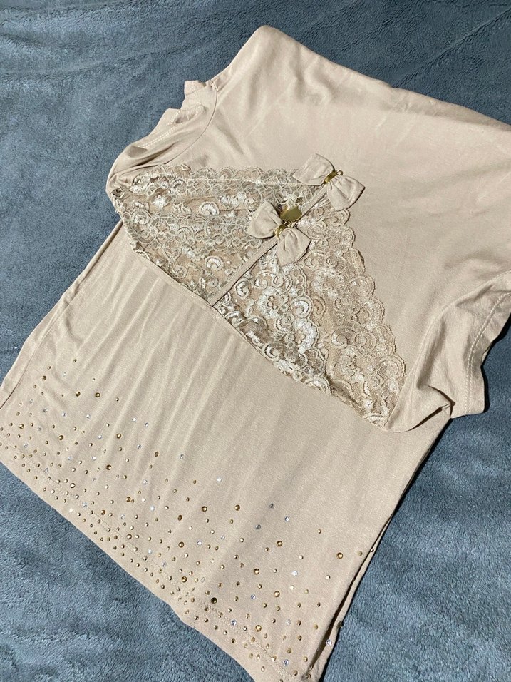 Bej Kısa Kollu Payetli Midi Elbise - Görsel 2