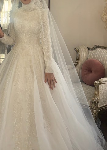 34 Beden Uzun Kollu Beyaz Vintage Prenses Gelinlik
