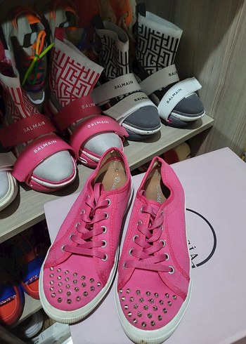 Pembe Kadın Sneakers, Çivili, Bağcıklı - Görsel 2