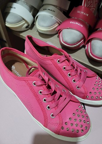 Pembe Kadın Sneakers, Çivili, Bağcıklı - Görsel 3