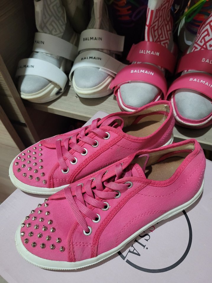 Pembe Kadın Sneakers, Çivili, Bağcıklı - Görsel 4