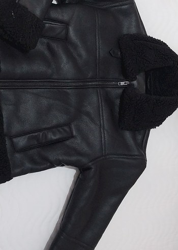 Siyah Kürklü Deri Biker Ceket - Görsel 4