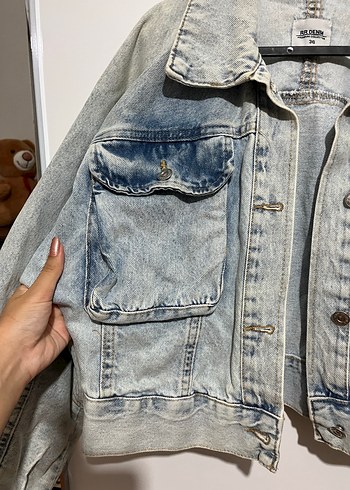 36 Beden Gri Düğmeli Kadın Denim Ceket