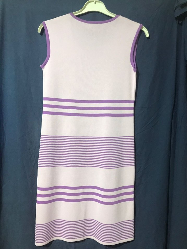 Mor Çizgili Midi Kolsuz Triko Elbise - Görsel 2