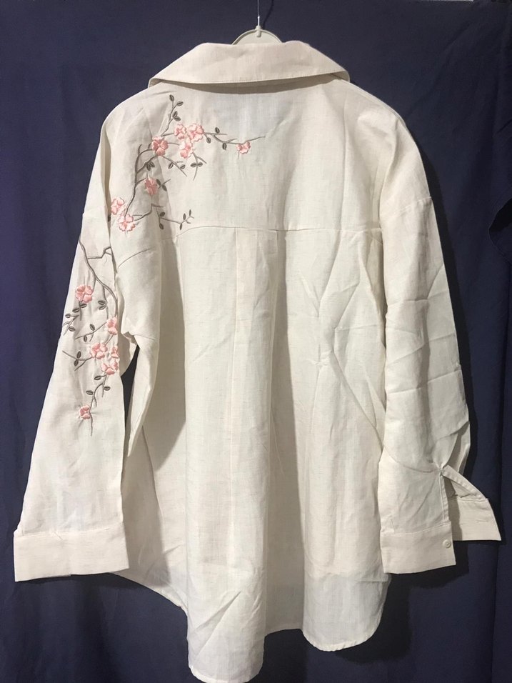 Nakışlı Beyaz Keten Uzun Kollu Gömlek - Görsel 2