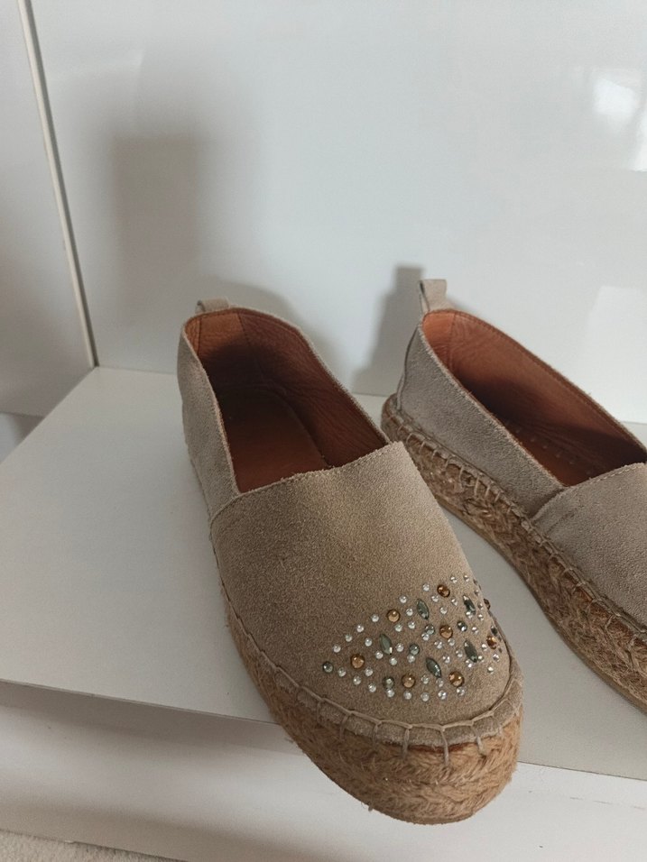 Bej Süet Boncuk İşlemeli Dolgu Topuk Espadril - Görsel 2