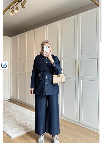 Kemerli Koyu Denim Kadın Takım