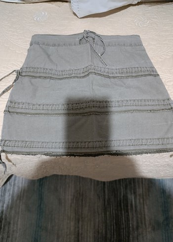 Gri Nakışlı Kemerli Midi Keten Etek