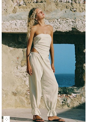 Zara Ekru Baglamali Crop Top Rahat Pantolon Takimi