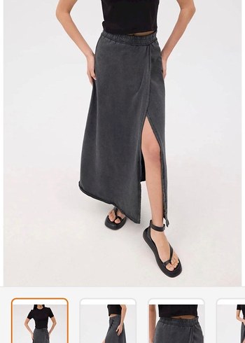 Gri Pamuklu yırtmaçlı  tarz etek - Görsel 5