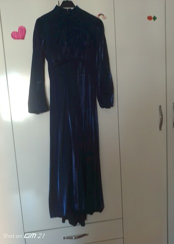 Lacivert Uzun Kollu Drapeli Gotik Elbise