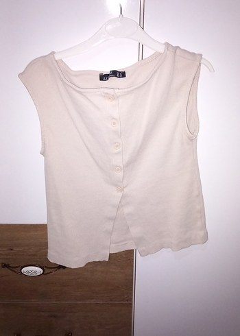 Düğmeli Bej Kolsuz crop - Görsel 4