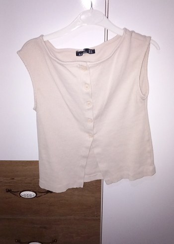 Düğmeli Bej Kolsuz crop - Görsel 5