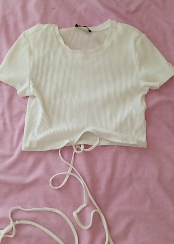 Kadın kısa kollu belden bağlamalı ipli crop