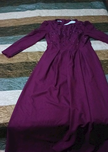 Mor Uzun Kollu Drapeli Kadın Abiye Elbise - Görsel 3