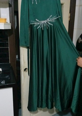 Uzun Kollu Yeşil Şık Kadın Abiye Elbise - Görsel 3