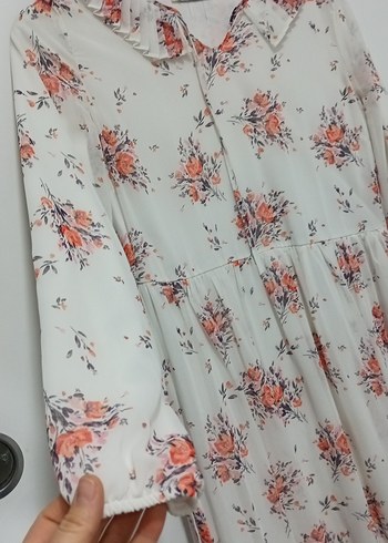 Beyaz Bohem Uzun Kollu Çiçekli Elbise - Görsel 4