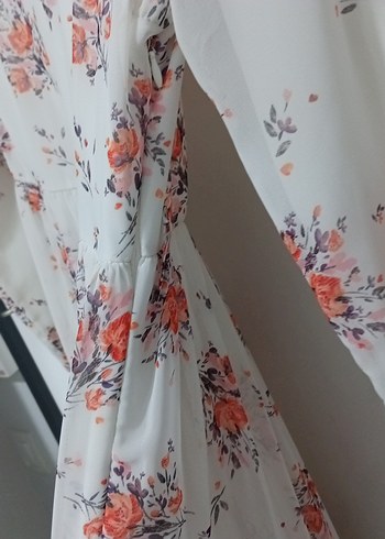 Beyaz Bohem Uzun Kollu Çiçekli Elbise - Görsel 7