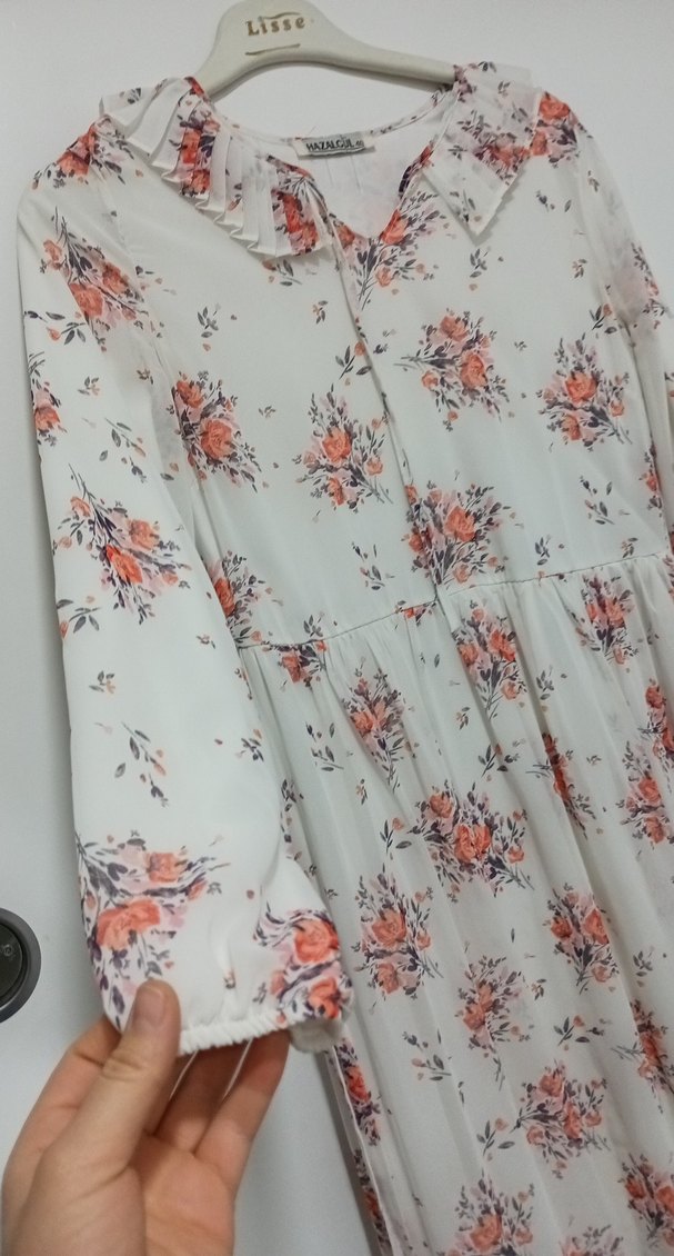 Beyaz Bohem Uzun Kollu Çiçekli Elbise - Görsel 4