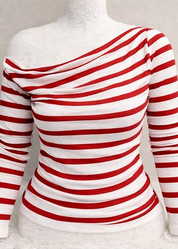 Kırmızı Beyaz Çizgili Uzun Kollu Kadın Bluzu - Görsel 2