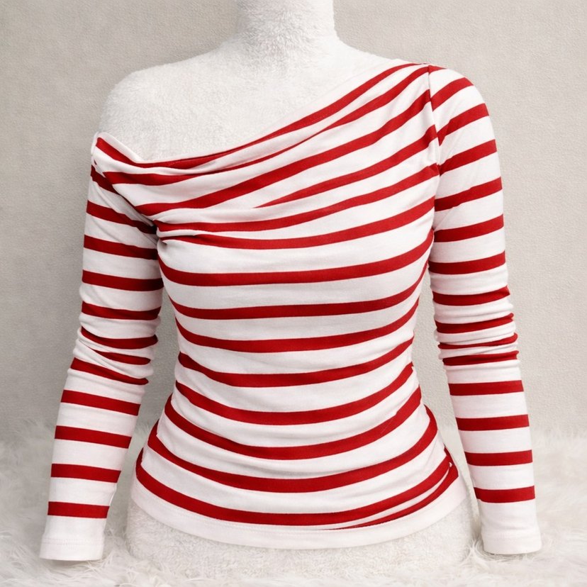 Kırmızı Beyaz Çizgili Uzun Kollu Kadın Bluzu - Görsel 2