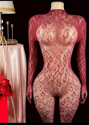 Kırmızı Yılan Desenli vücut çorabı Dantel Midi Elbise - Görsel 4