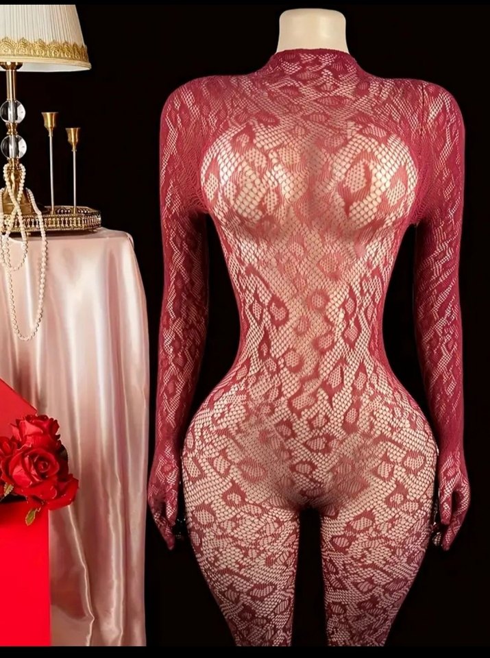 Kırmızı Yılan Desenli vücut çorabı Dantel Midi Elbise - Görsel 4